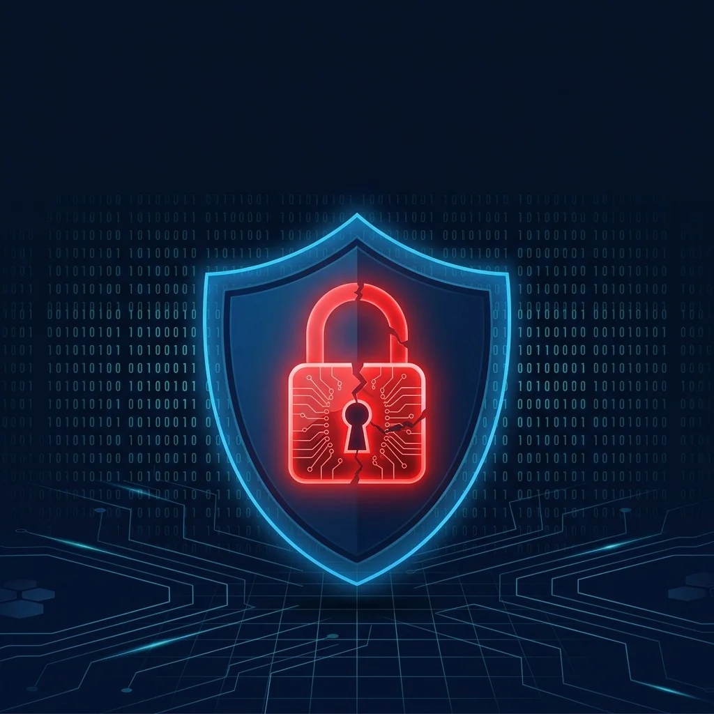 Cracked padlock on a cybersecurity shield representing a data breach